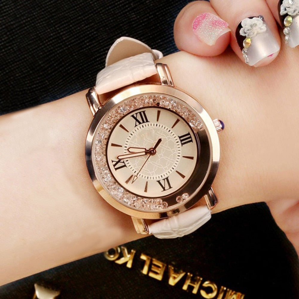 Rhinestone Leather Bracelet Wristwatch Fashion